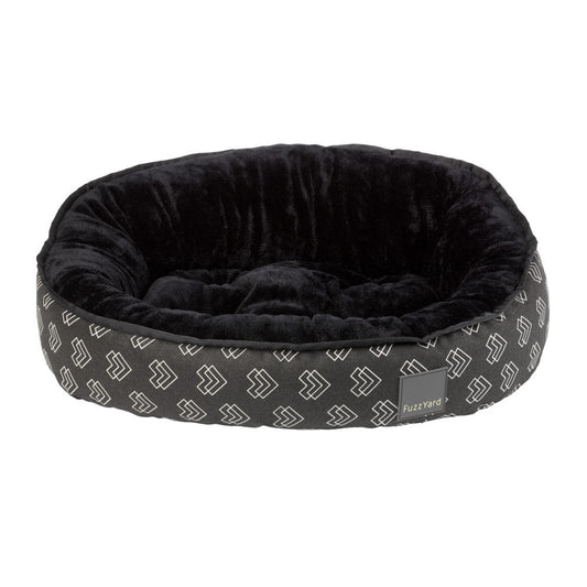 FuzzYard Reversible Dog Bed (Nighthawk) with black plush interior and grey geometric pattern exterior.