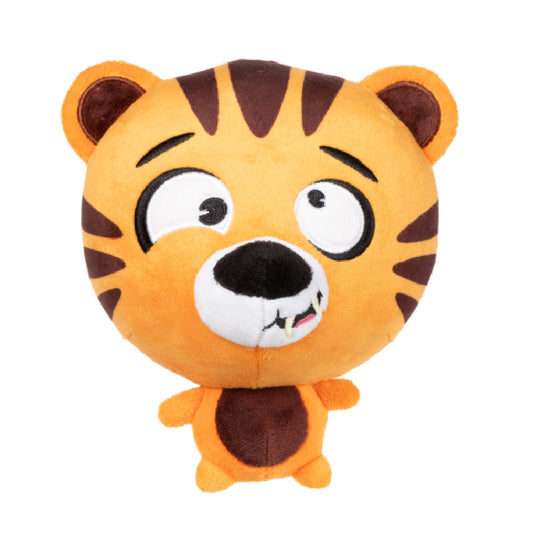FuzzYard Roarnaldo plush dog toy: an orange tiger with brown stripes, a confused expression, and small body.