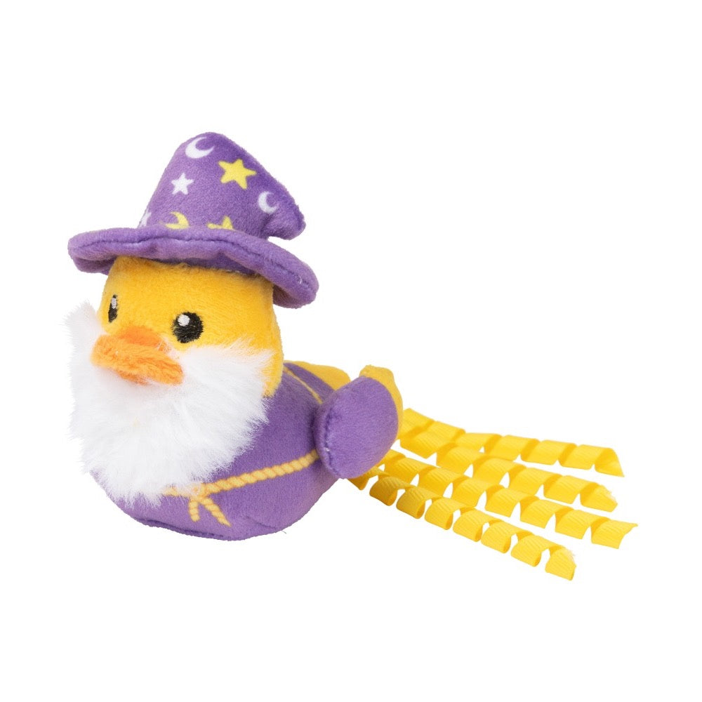 Plush yellow duck cat toy with a purple wizard hat, white beard, purple robe, and yellow ribbon tail.