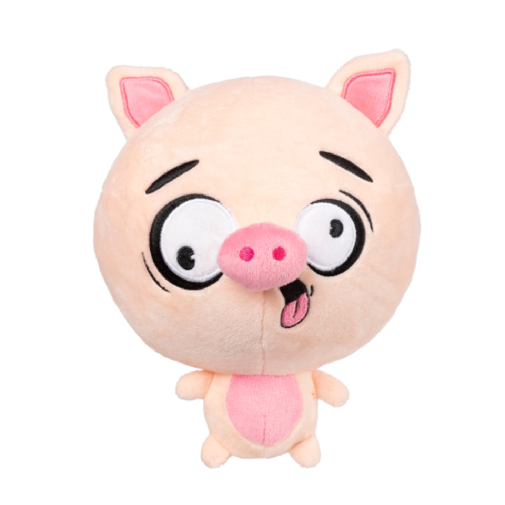 FuzzYard Snoop Hogg plush dog toy, a light pink pig with wide eyes, a pink snout, and tongue sticking out.