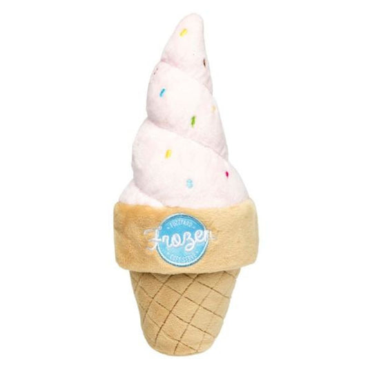 Pink FuzzYard Soft Serve Ice Cream Dog Plush Toy with colorful sprinkles and a tan waffle cone base.