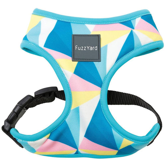 FuzzYard South Beach dog harness with colorful geometric pattern, blue trim, and black buckle.