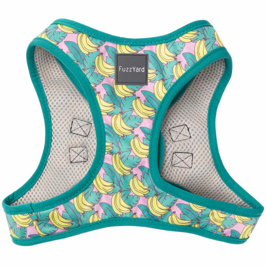 FuzzYard Step-In Dog Harness in Bananarama design, pink with bananas and leaves, polyester.
