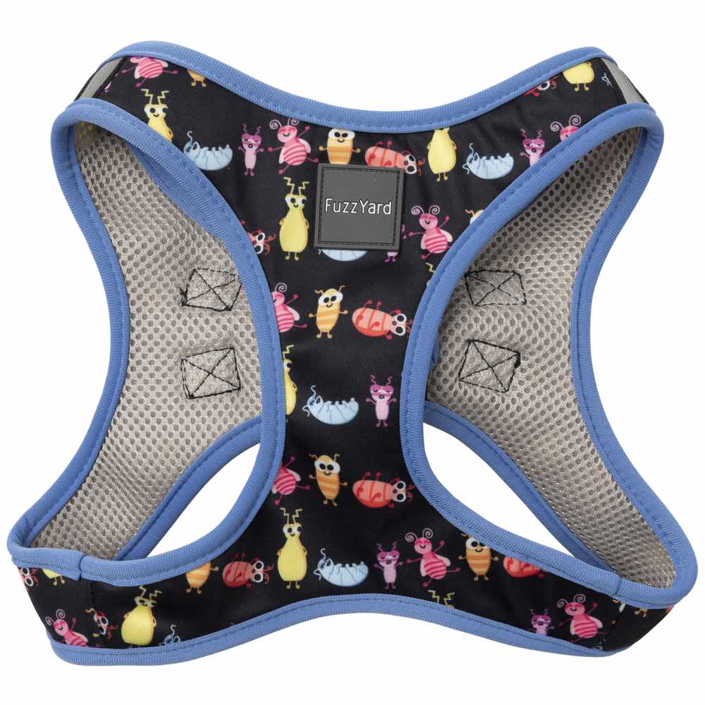 FuzzYard Step-In Dog Harness in black "Bed Bugs" print with blue trim and mesh lining.