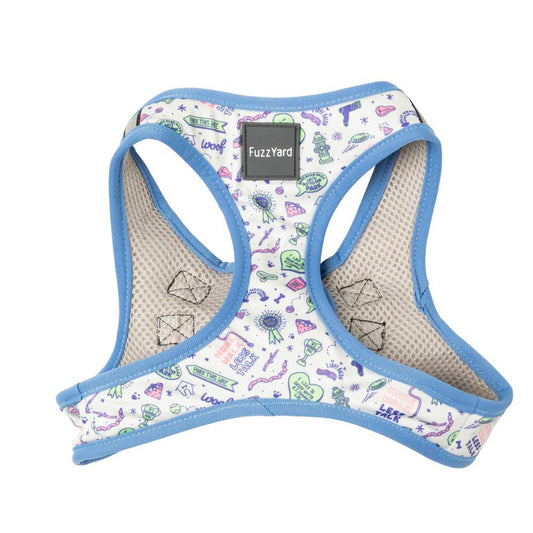 FuzzYard Step-In Dog Harness in Best In Show, white with pink, blue, lime dog-themed doodles.