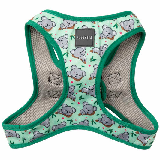 FuzzYard Step-In Dog Harness in Dreamtime Koalas design, light green with sleeping koalas and green trim.
