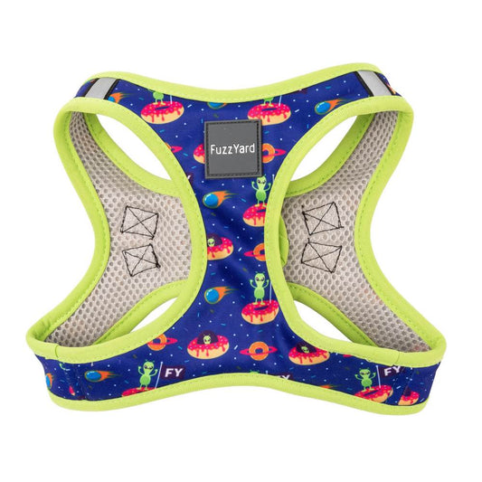 FuzzYard Step-In Dog Harness in Extradonutstrial, blue with alien and donut print, lime green trim.