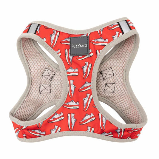 Red FuzzYard Step-In dog harness with white sneaker pattern, grey trim, mesh, and reflective strips.