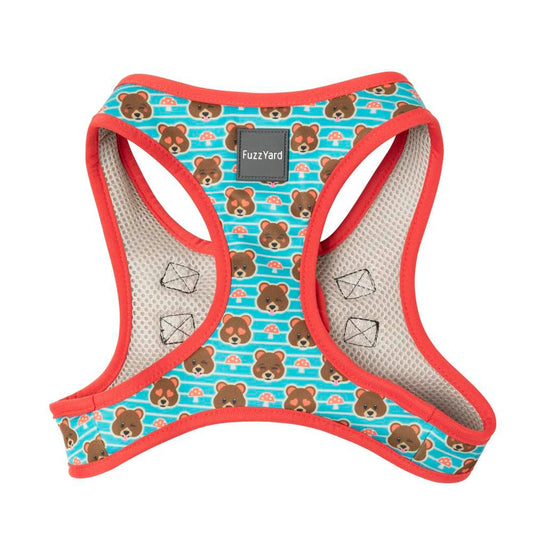 FuzzYard Step-In Dog Harness in Fuzz Bear design, featuring cute bears and mushrooms on blue stripes.