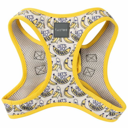 FuzzYard Step-In Dog Harness in "Go Bananas" design, featuring yellow bananas and "Let's Go Bananas" text on light fabric with yellow trim.