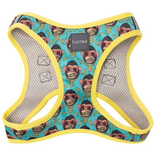 FuzzYard Step-In Dog Harness in Gor-illz design, featuring cool monkeys with gold chains on a blue background, yellow trim, and mesh lining.