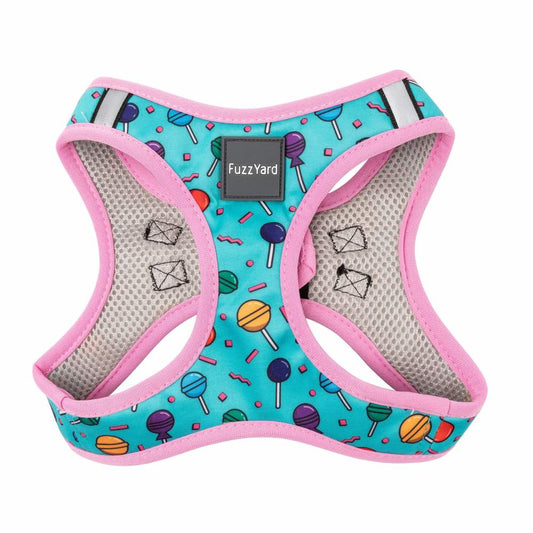 FuzzYard Step-In Dog Harness in Hey Suckers! Teal harness with colorful lollipop and candy print, pink trim, and mesh lining.