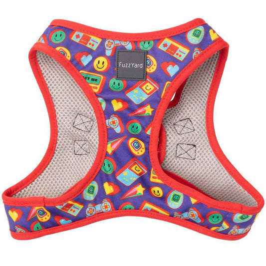 FuzzYard Step-In Dog Harness (Highscore) in purple polyester with red trim and retro gaming icons.