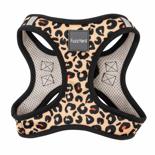 FuzzYard Step-In Dog Harness in Javan, a leopard-print polyester harness with mesh lining and reflective strips.