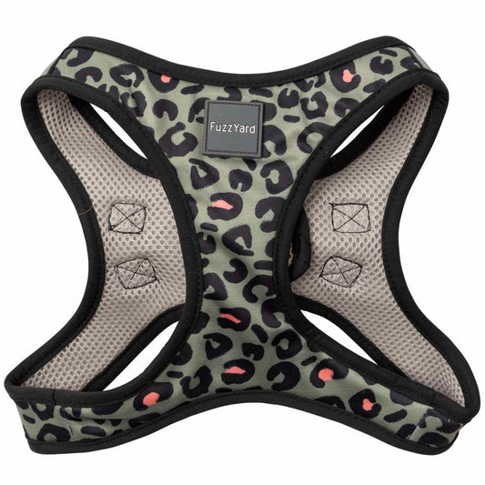 FuzzYard Step-In Dog Harness in Savanna leopard print, green with black and coral spots, polyester.