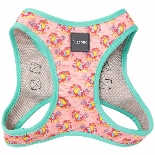 FuzzYard Step-In Dog Harness in pink "Two-Cans" tropical print with teal trim and mesh.
