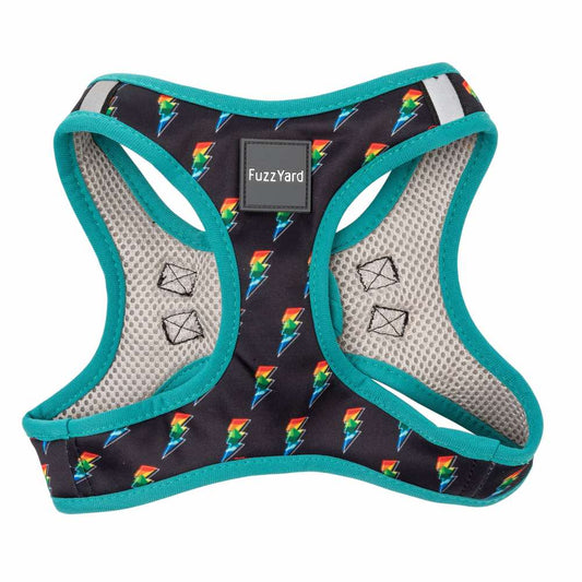 FuzzYard Step-In Dog Harness in Volt! Black polyester harness with colorful lightning bolts, teal trim, and mesh lining.