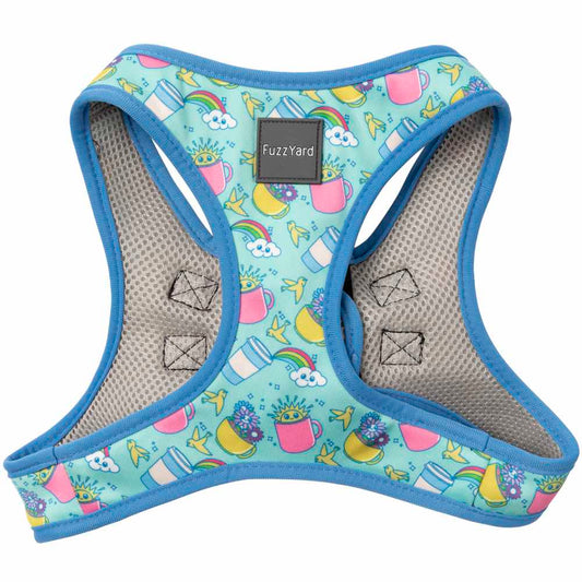 FuzzYard Step-In Dog Harness in "Wakey Wakey" design, light blue with colorful coffee cups and rainbows.