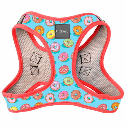FuzzYard Step-In Dog Harness in "You Drive Me Glazy" design, blue with colorful donuts, red trim, and mesh lining.