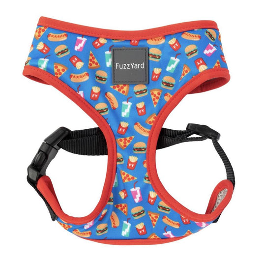 FuzzYard Supersize Me Medium dog harness with a blue fast-food print and red trim.