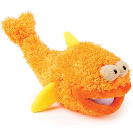 FuzzYard Sushi Plush Dog Toy: fluffy orange fish with yellow fins, large eyes, and a smiling mouth.