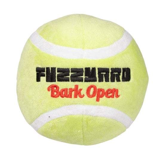 FuzzYard Tennis Ball plush dog toy, light green with white seams and "FuzzYard Bark Open" text.