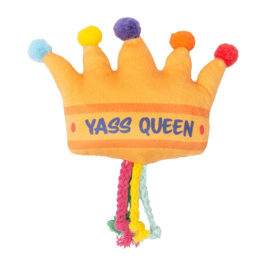 Orange plush crown cat toy with "YASS QUEEN" text, colorful pom-poms, and braided rope strings.