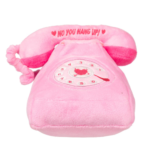 Pink plush landline dog toy with "NO YOU HANG UP!" embroidered on the receiver and a rotary dial.
