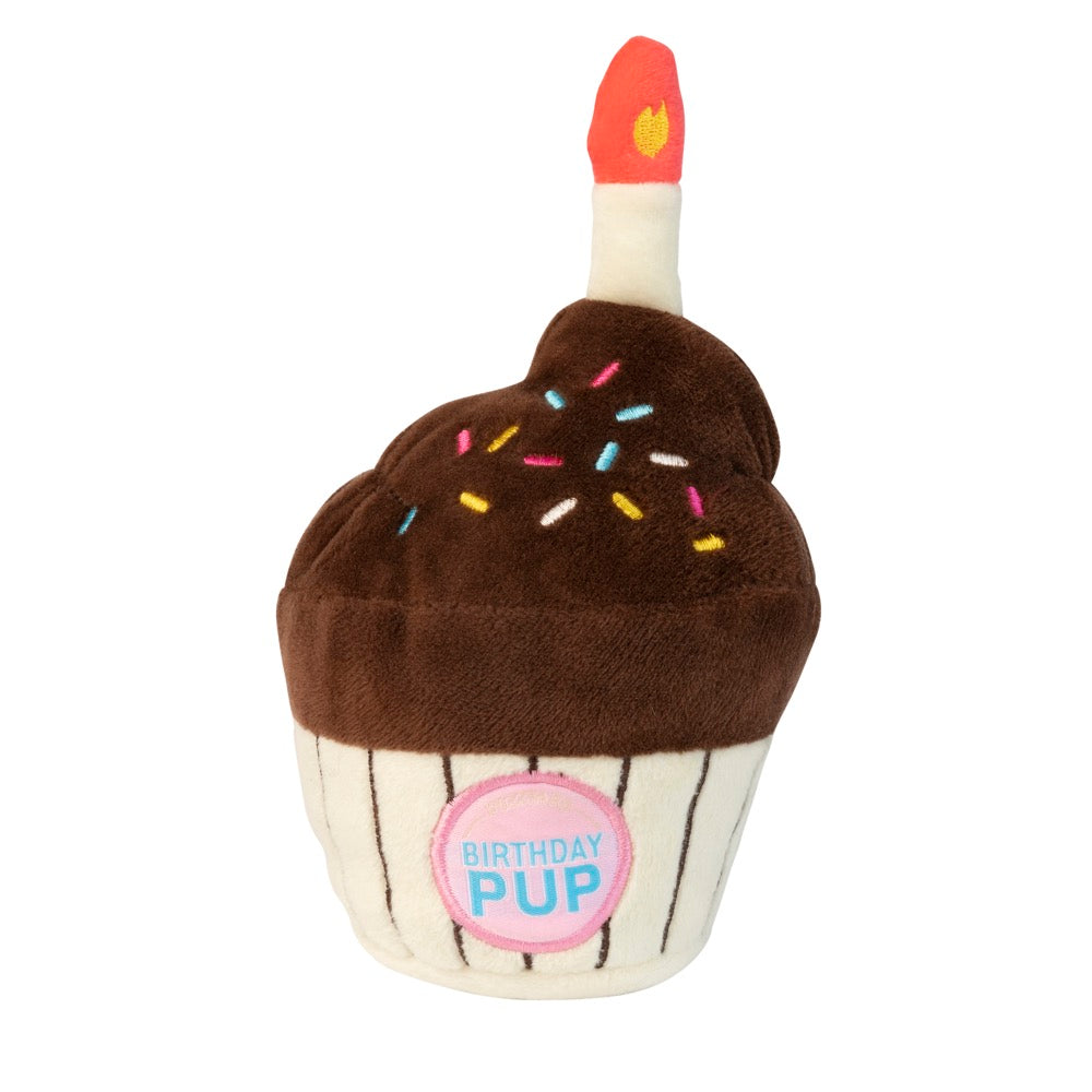 Fuzzyard Birthday Cupcake plush dog toy with chocolate frosting, colorful sprinkles, and a lit candle.