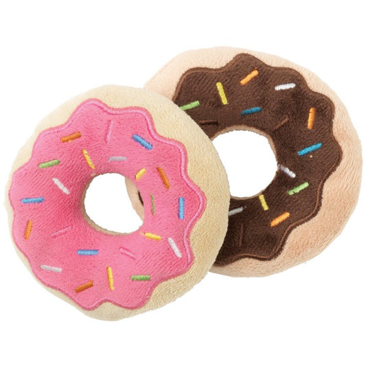 Two plush donut dog toys, one pink frosted with colorful sprinkles, one chocolate frosted with colorful sprinkles.