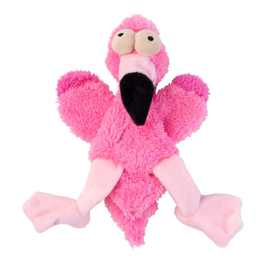 Fuzzyard Flo The Flamingo dog toy: hot pink, soft, stuffing-free plush with a black beak and big eyes.