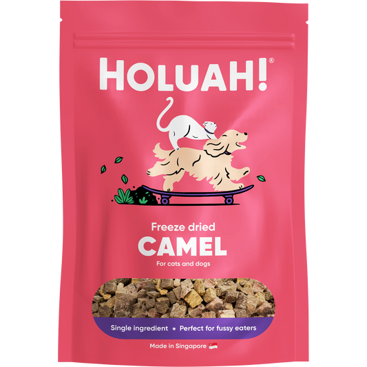 Pink Holuah! freeze-dried camel treats pouch with a dog and cat graphic, showing real meat cubes.