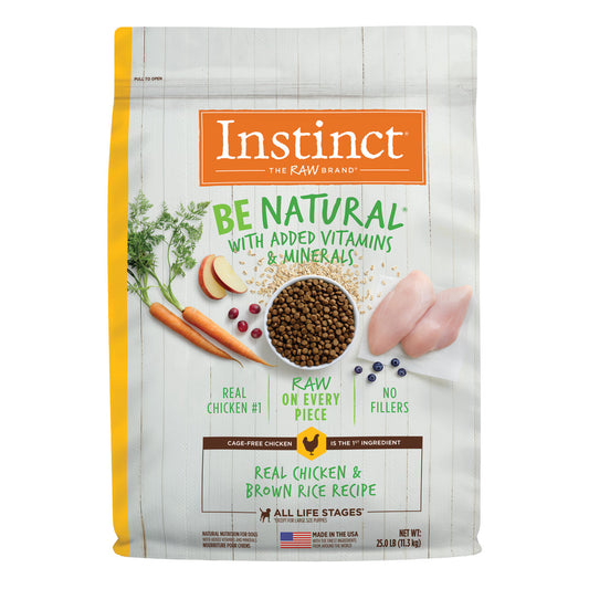 Instinct Be Natural Real Chicken & Brown Rice dry dog food bag with ingredients like chicken, carrots, and oats.