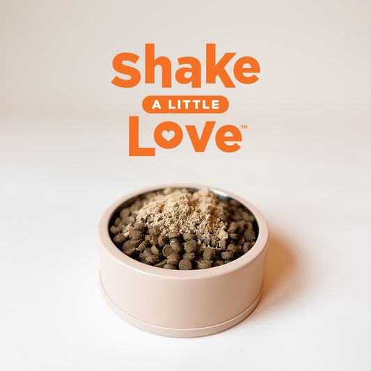 Beige pet bowl filled with dark brown kibble and a pile of light brown freeze-dried raw cat food topper.