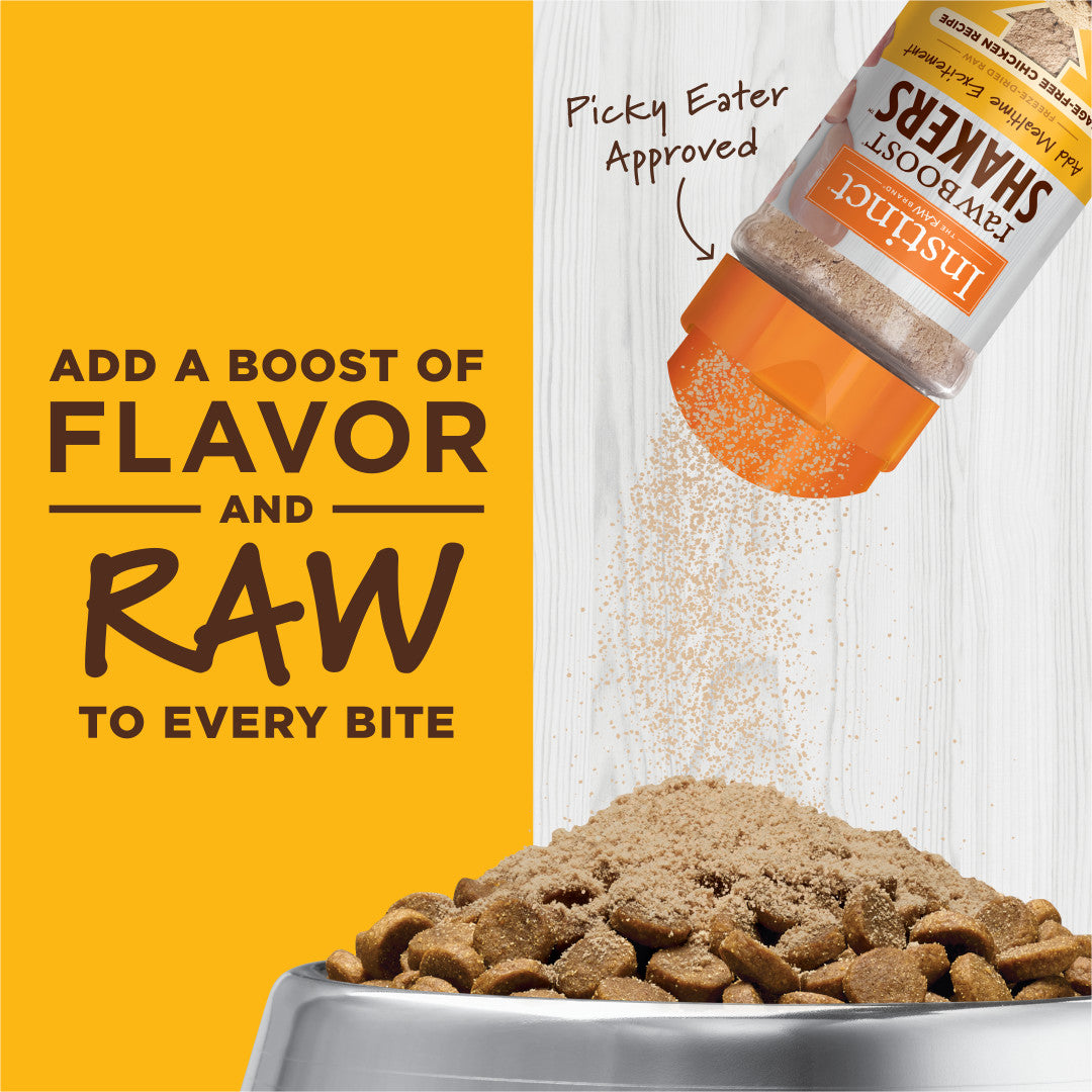 Instinct Raw Boost Shakers chicken cat food topper sprinkling onto kibble in a silver bowl.