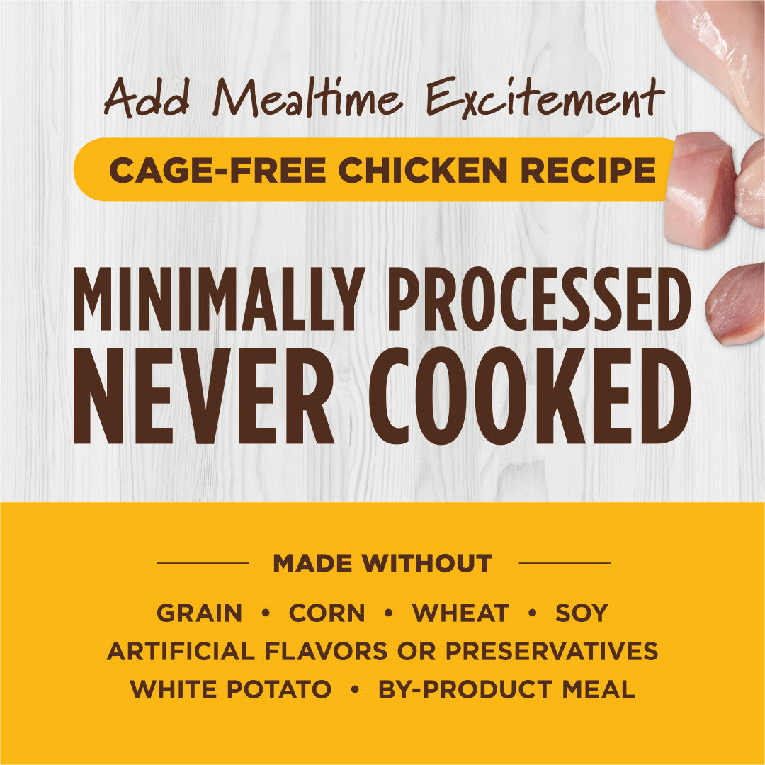 Instinct Raw Boost Shakers freeze-dried chicken cat food topper, with text "Add Mealtime Excitement" and "Minimally Processed Never Cooked.