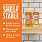 Two clear Instinct Raw Boost Shakers cat food toppers with orange lids on a wooden shelf against white tiles.