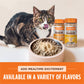 Tabby cat licking lips next to a pink bowl of kibble topped with Instinct Raw Boost Shakers. Two shaker bottles are visible.