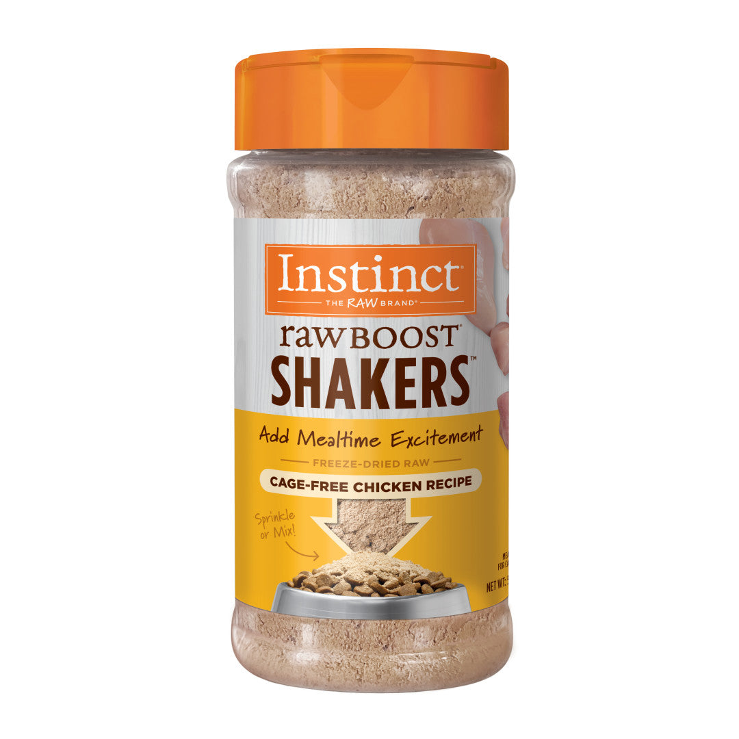 Instinct Raw Boost Shakers freeze-dried chicken cat food topper in a clear shaker bottle with an orange lid.