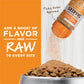 Orange Instinct Raw Boost Shakers bottle sprinkling freeze-dried raw cat food topper onto kibble in a silver bowl.