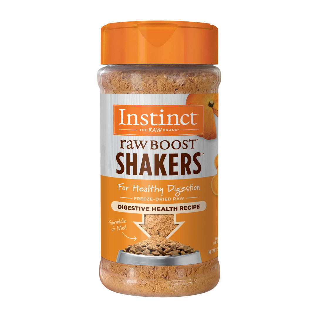 Instinct Raw Boost Shakers cat food topper in a clear bottle with orange label, showing powder sprinkling on kibble.