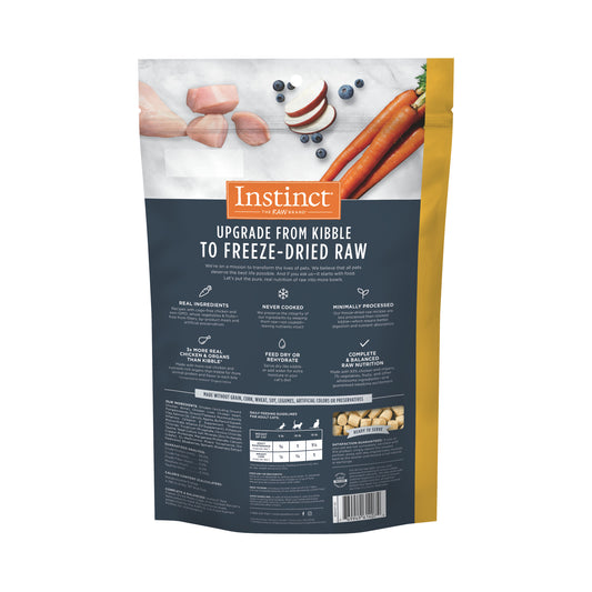Instinct Freeze-dried Raw Cat Food bag, 9.5oz, with chicken, blueberries, and carrots.