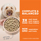 A happy dog looks at a beige bowl filled with Instinct freeze-dried raw chicken dog food.