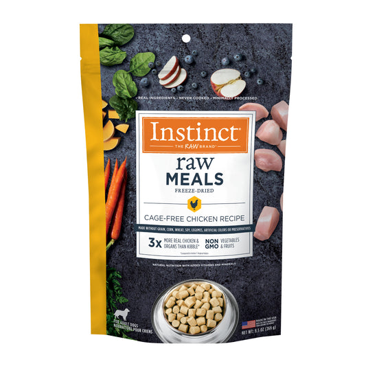 Instinct Freeze-dried Raw Meals 9.5oz dog food bag with chicken, vegetables, and kibble in a bowl.