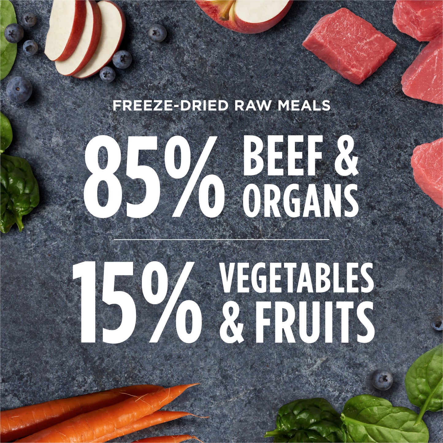 Instinct Freeze-dried Raw Meals dog food ingredients: 85% beef & organs, 15% vegetables & fruits.
