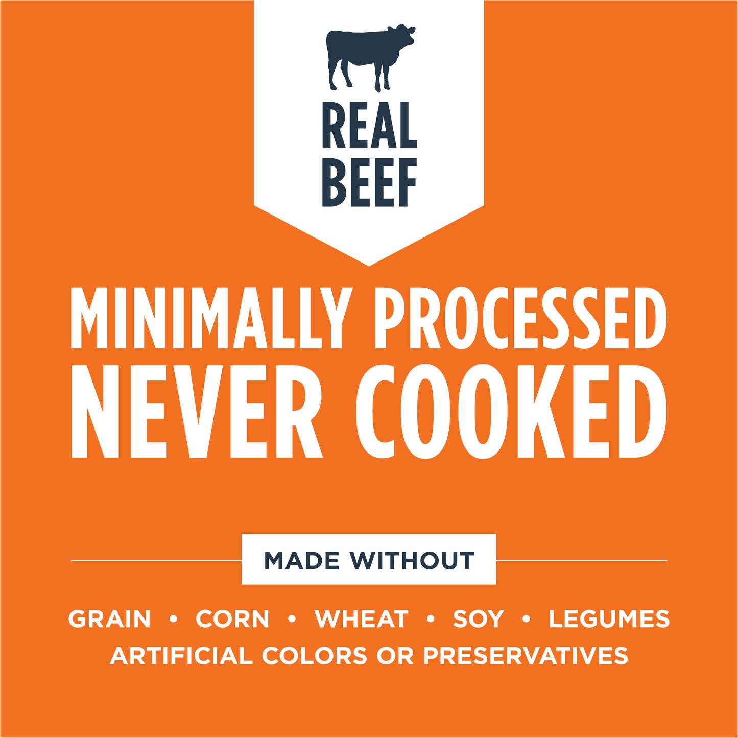 Orange graphic with "REAL BEEF" and cow icon, "MINIMALLY PROCESSED NEVER COOKED," and "MADE WITHOUT" grain, corn, wheat, soy, legumes, artificial colors or preservatives.