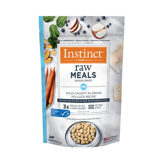 Instinct Freeze-dried Raw Meals cat food bag with pollock, carrots, apples, and blueberries.