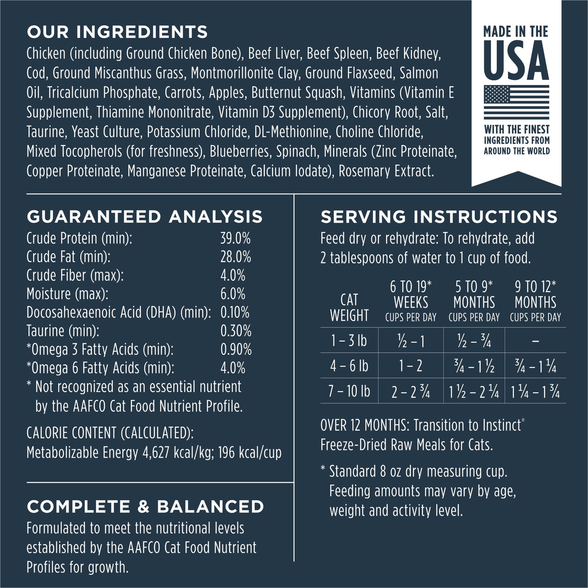 Detailed nutrition facts and feeding guide for Instinct Freeze-dried Raw Kitten Food, Made in the USA.