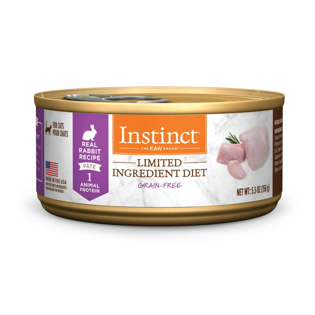 Instinct Limited Ingredient Diet Grain-Free Real Rabbit Recipe Pate Canned Cat Food, 5.5 oz, gold and purple can.