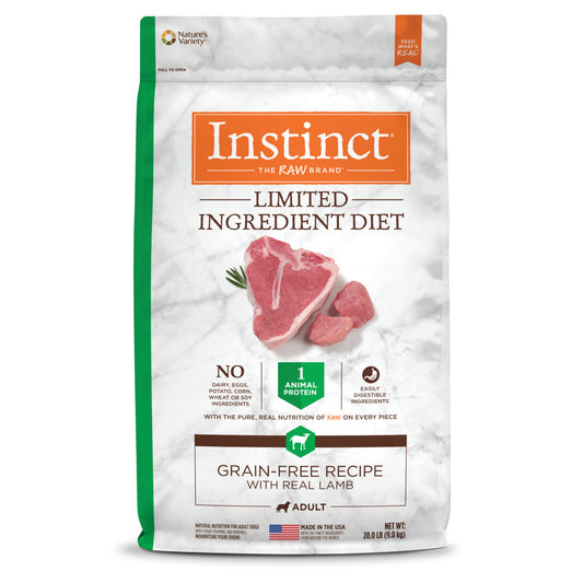 Instinct Limited Ingredient Diet Grain-Free Lamb Dry Dog Food 20lb bag with lamb cuts and rosemary.